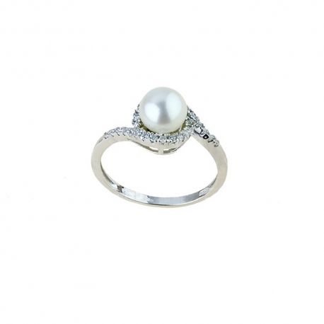 Bague en or blanc 18 Kt 750/1000 avec perle et zircons blancs, finition polie