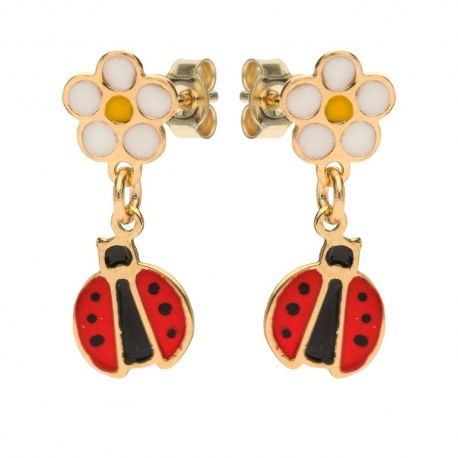 Boucles d'oreilles pendantes en or jaune 18 Kt avec fleur et coccinelle