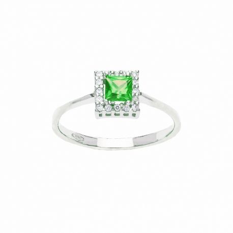 Anillo de Oro Blanco de 18K con Piedra Verde y Circonitas