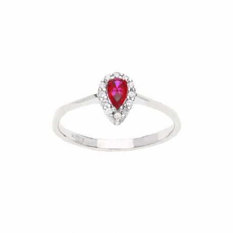 Bague en or blanc 18 carats avec pierre rouge et zircons blancs