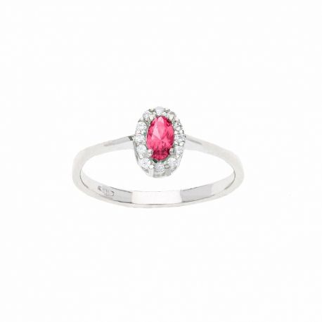 Bague en or blanc 18 carats avec pierre rouge et zircons blancs