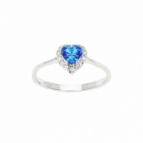 Anillo de Oro Blanco de 18K con Piedra Azul y Circonitas Blancas