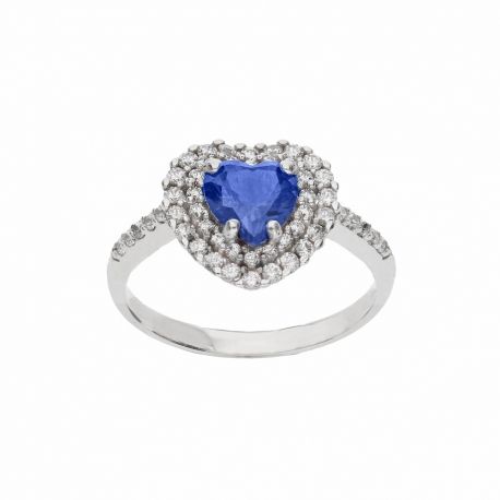 Bague en or blanc 18 carats avec pierre bleue et zircons blancs