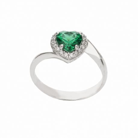 Bague en or blanc 18 carats avec pierre cœur vert et zircons blancs