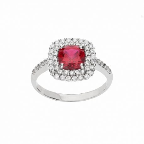 Bague en or blanc 18 carats avec pierre rouge et zircons blancs