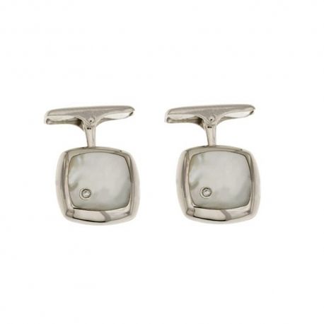 Boutons de manchette carrés en or blanc 18 Kt 750/1000 avec nacre et diamants pour homme