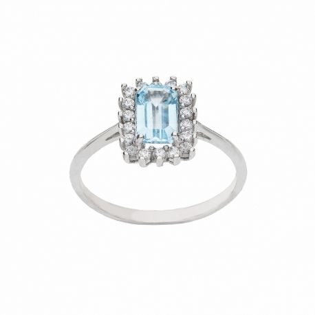 Bague en or blanc 18 carats avec pierre bleue et zircons blancs