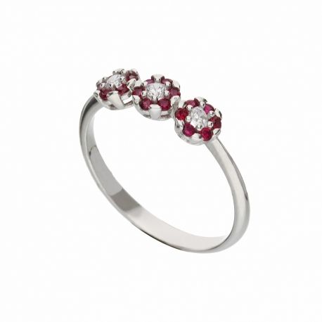 Anillo de Oro Blanco de 18K con tres Flores de Circonitas Rojas y Blancas