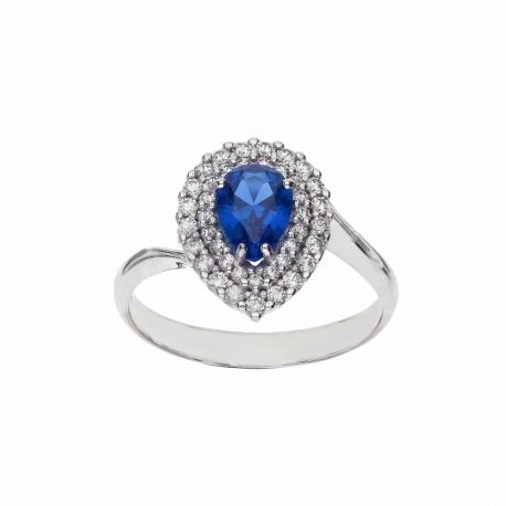 Bague en or blanc 18 carats avec goutte de zircons blancs et pierre bleue