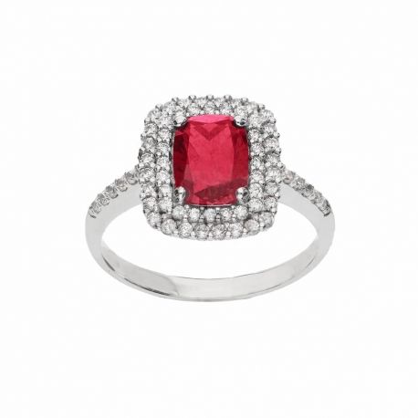 Anillo de Oro Blanco de 18K con Piedra Roja y Circonitas Blancas