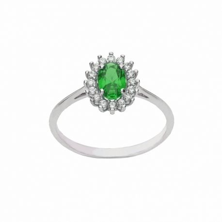 18K witgouden ring met groene ovale centrale steen en witte zirkonen