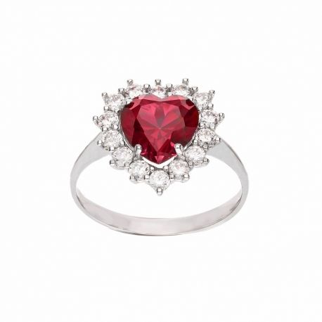 Bague en or blanc 18 carats avec pierre cœur rouge et zircons blancs