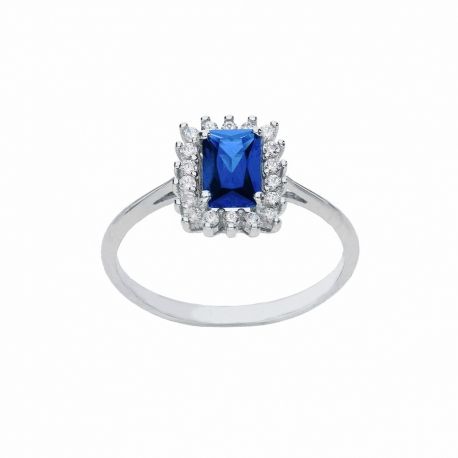 18K witgouden ring met blauwe steen en witte zirkonen