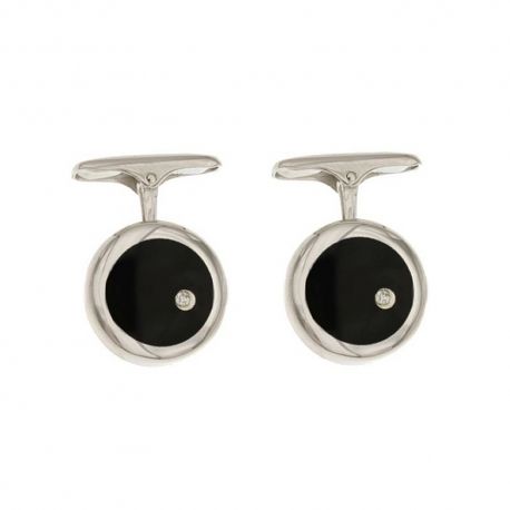 Boutons de manchette ronds en or blanc 18 Kt 750/1000 avec onyx noir et diamants pour homme