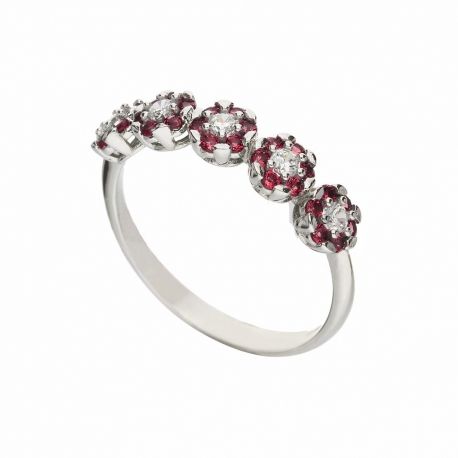 Anillo de Oro Blanco de 18K con Flores de Circonitas Rojas y Blancas