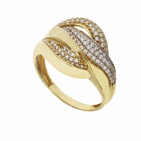 Anel de ouro branco e amarelo 18K com zircões brancos para mulheres