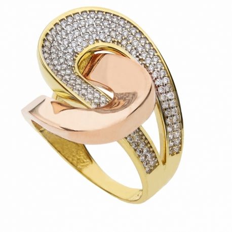 Anel pavimentado em ouro amarelo e rosa 18K com zircões brancos para mulheres