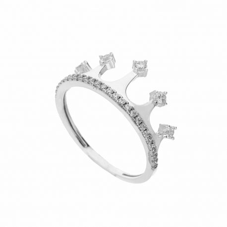 Bague couronne en or blanc 18 carats avec zircons blancs pour femme