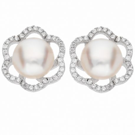 Boucles d'oreilles fleur en or blanc 18 carats avec zircons blancs et perles