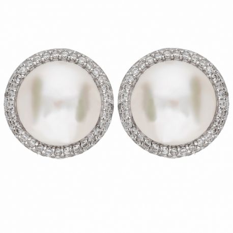 Boucles d'oreilles en or blanc 18 carats avec zircons blancs et perles