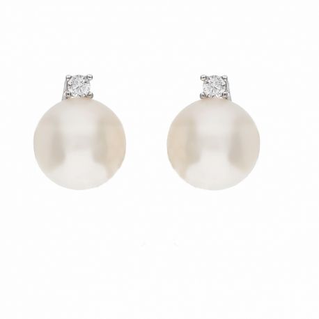 Pendientes de Oro Blanco de 18K con Circonitas Blancas y Perlas