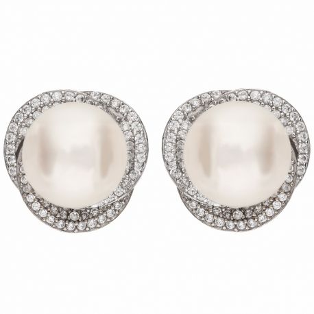 Boucles d'oreilles en or blanc 18 carats avec zircons blancs et perles