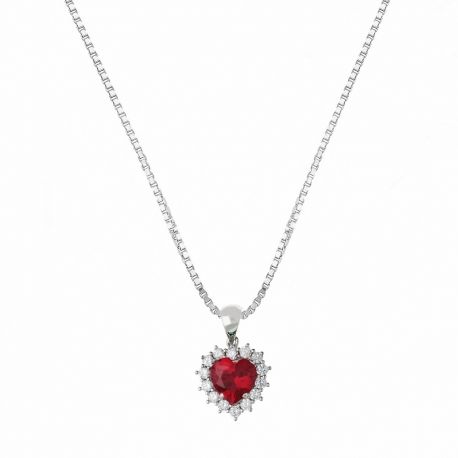 White Gold 18k with White and Red Cubic Zirconia Woman Necklace