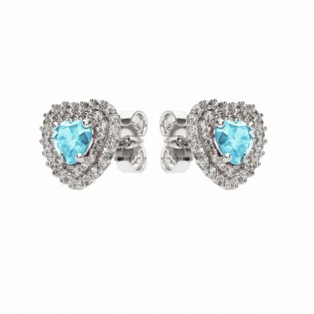 Boucles d'oreilles en or blanc 18 carats avec zircons blancs et topaze bleue