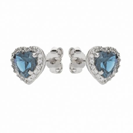 Boucles d'oreilles en or blanc 18 carats avec zircons blancs et pierre bleue