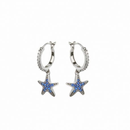 Boucles d'oreilles en or blanc 18 carats avec étoiles en zircon blanc et bleu