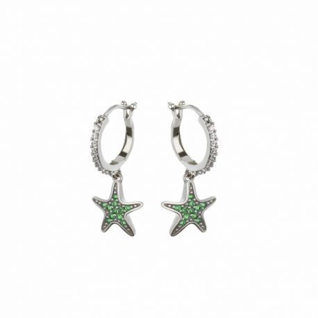 White Gold 18k with White and Green Cubic Zirconia Stars Earrings