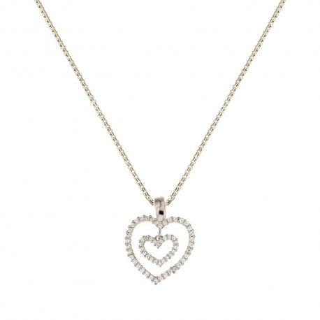 White gold 18 Kt 750/1000 double heart pendant with cubic zirconia woman necklace