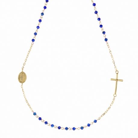 Yellow gold 18k with Cross and Blue Stone unisex Rosary