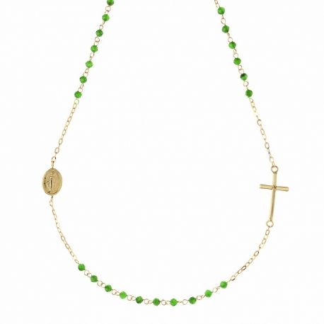 Yellow gold 18k with Cross and Green Stone unisex Rosary