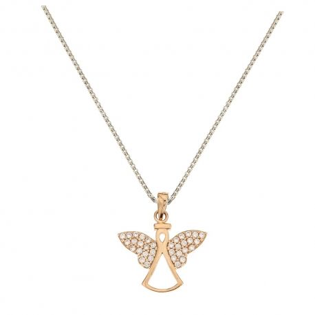 Collier en or blanc et rose 18 Kt 750/1000 avec pendentif en forme d'ange pour femme