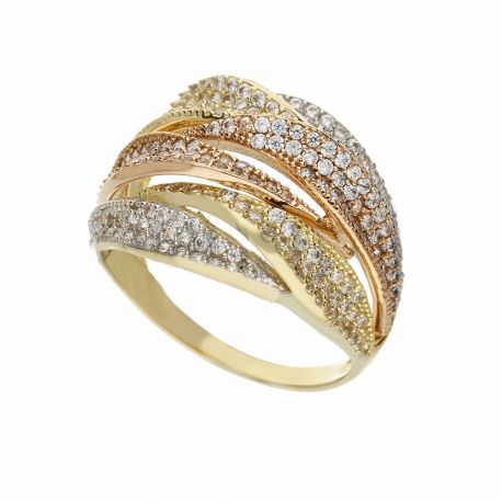 Bague pavée en or jaune, blanc et rose 18 carats avec zircons blancs pour femme