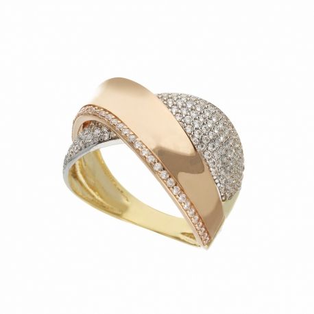 Bague pavée en or jaune, blanc et rose 18 carats avec zircons blancs pour femme