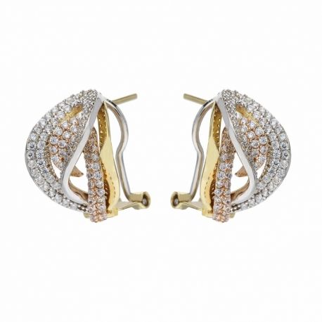 Boucles d'oreilles en or jaune, blanc et rose 18 carats avec zircons blancs pour femme