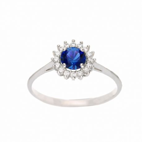 White Gold 18k with Blue Stone and White Cubic Zirconia Woman Ring