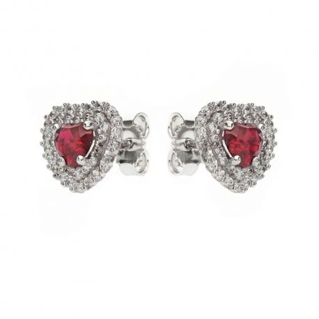 Boucles d'oreilles coeur en or blanc 18 carats avec zircons blancs et pierre rouge