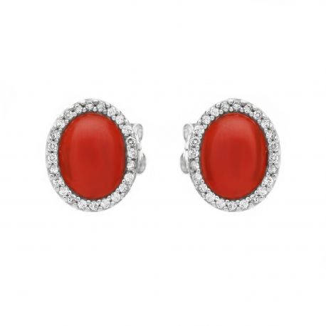 White Gold 18k with White Cubic Zirconia and Coral Woman Earrings