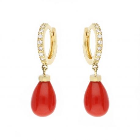 Yellow Gold 18k with White Cubic Zirconia and Coral Woman Earrings