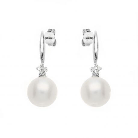 Boucles d'oreilles en or blanc 18 carats avec zircons blancs et perles