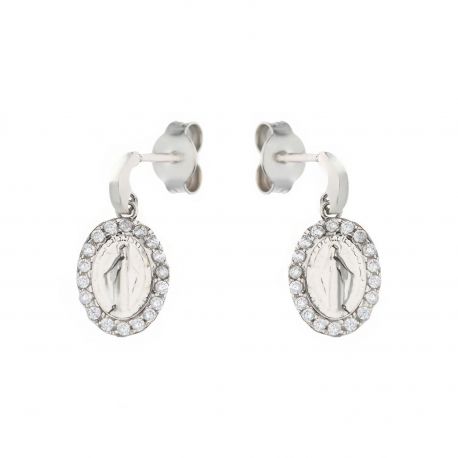 White Gold 18k with White Cubic Zirconia and Virgin Mary Woman Earrings