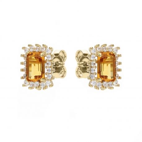 Yellow Gold 18k with White Cubic Zirconia and Orange Stone Earrings