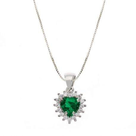 White Gold 18k with White Cubic Zirconia and Green Stone Necklace