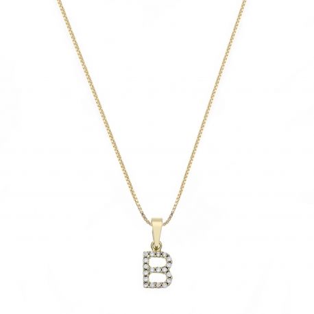 Yellow Gold 18k with Letter B and White Cubic Zirconia Woman Necklace