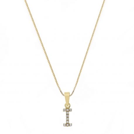 Yellow Gold 18k with Letter I and White Cubic Zirconia Woman Necklace