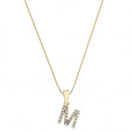 Yellow Gold 18k with Letter M and White Cubic Zirconia Woman Necklace