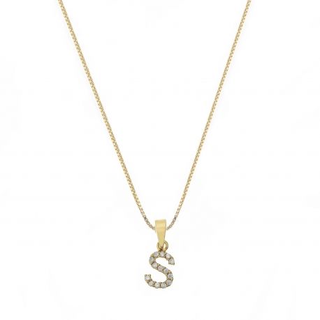 18K geelgouden ketting met letter S en witte zirkonen